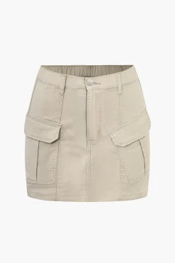 Solid Button Asymmetrical Pocket Zipper Mini Skirt