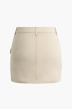 Solid Button Asymmetrical Pocket Zipper Mini Skirt