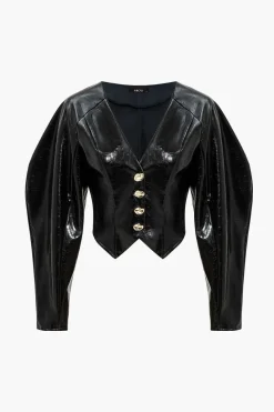 Solid Button Faux Leather Jacket