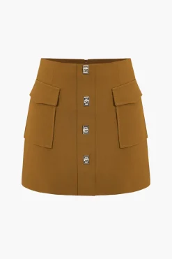 Solid Button Metallic Zipper Skirt