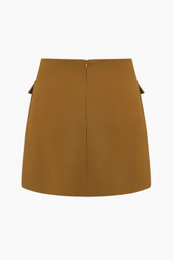 Solid Button Metallic Zipper Skirt