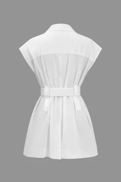 Solid Button Pocket Belted Short-Sleeve Shirt