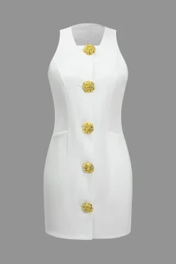 Solid Button Sleeveless Mini Dress