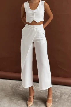Solid Button Up Crop Vest And Asymmetrical Trouser Set
