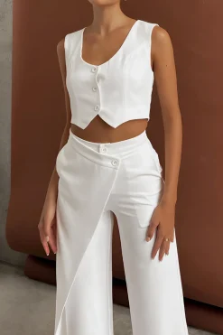 Solid Button Up Crop Vest And Asymmetrical Trouser Set