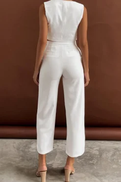 Solid Button Up Crop Vest And Asymmetrical Trouser Set