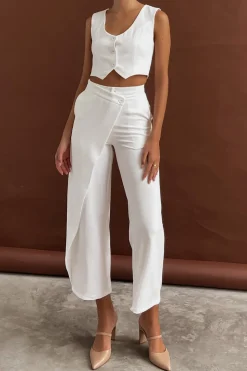 Solid Button Up Crop Vest And Asymmetrical Trouser Set