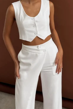 Solid Button Up Crop Vest And Asymmetrical Trouser Set