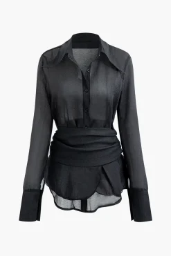Solid Button Up Long Sleeve Shirt And Ruffle Hem Mini Skirt Set