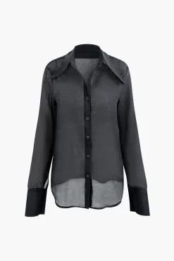 Solid Button Up Long Sleeve Shirt And Ruffle Hem Mini Skirt Set