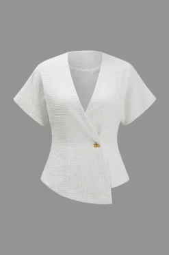 Solid Button V-Neck Short-Sleeve Shirt