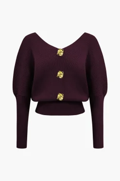 Solid Button V-Neck Sweater Long-Sleeve Top