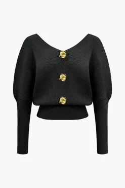 Solid Button V-Neck Sweater Long-Sleeve Top