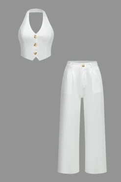 Solid Button V-Neck Top And Trouser Set
