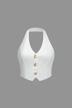 Solid Button V-Neck Top And Trouser Set