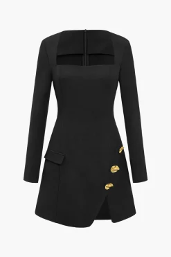 Solid Button Zipper Asymmetrical Mini Dress