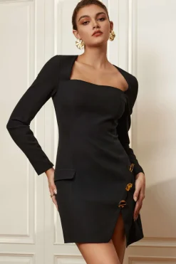 Solid Button Zipper Asymmetrical Mini Dress