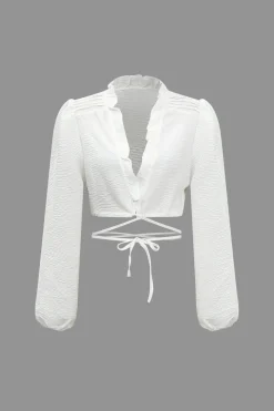 Solid Chiffon Tie Front Crossed Scallop Edge Long-Sleeve Shirt