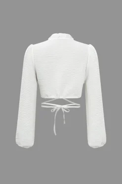 Solid Chiffon Tie Front Crossed Scallop Edge Long-Sleeve Shirt