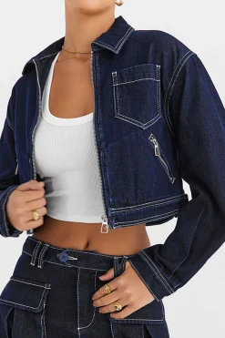 Solid Contrast Binding Pocket Zipper Denim Outerwear
