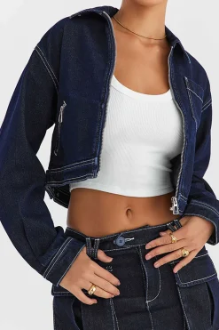 Solid Contrast Binding Pocket Zipper Denim Outerwear