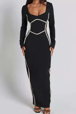 Solid Contrast Binding Slit Maxi Dress
