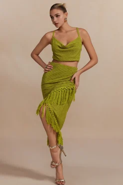 Solid Cowl Neck Top And Fringe Ruched Skirt Set