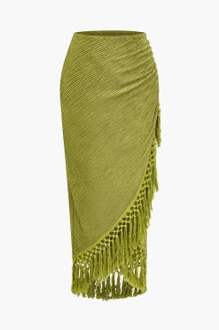Solid Cowl Neck Top And Fringe Ruched Skirt Set