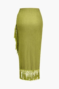Solid Cowl Neck Top And Fringe Ruched Skirt Set