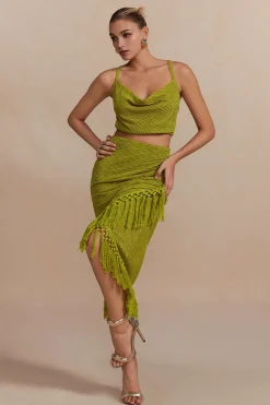 Solid Cowl Neck Top And Fringe Ruched Skirt Set