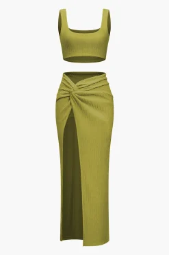 Solid Crop Tank Top And Slit Twist Knot Skirt Set