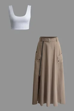 Solid Crop Tank Top And Zipper Pocket Pleated Skirt Set
