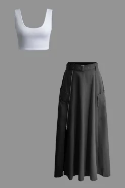 Solid Crop Tank Top And Zipper Pocket Pleated Skirt Set