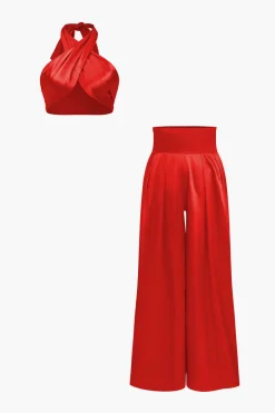 Solid Crossed Backless Top And Wide Leg Trousers Set