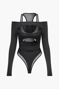 Solid Crossed Cut Out Sheer Bodysuit