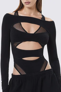 Solid Crossed Cut Out Sheer Bodysuit