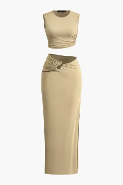 Solid Cut Out Crop Tank Top And Ruched Split Midi Skirt Set