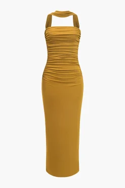 Solid Cut Out Halter Midi Dress