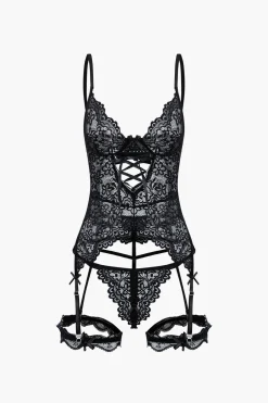 Solid Cut Out Lace Lingerie Garter Set