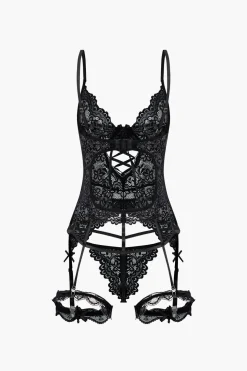 Solid Cut Out Lace Lingerie Garter Set