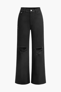 Solid Cut Out Ripped Jeans
