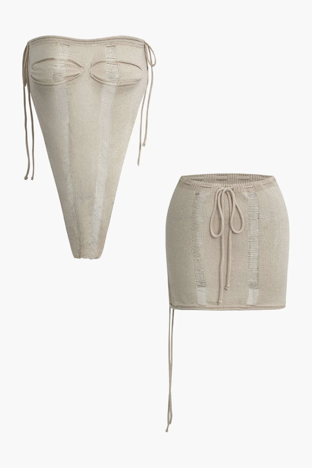 Solid Distressed Ladder Knit Tube Top And Tie Front Mini Skirt Set