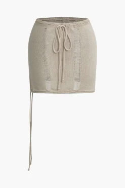 Solid Distressed Ladder Knit Tube Top And Tie Front Mini Skirt Set