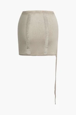 Solid Distressed Ladder Knit Tube Top And Tie Front Mini Skirt Set