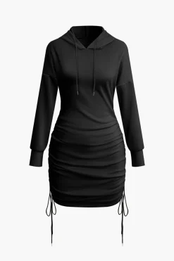 Solid Drawstring Hooded Mini Dress