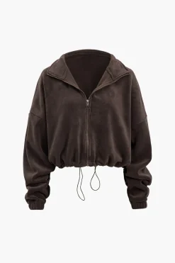 Solid Drawstring Mock Neck Zipper Jacket