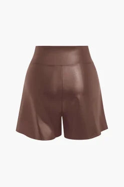 Solid Faux Leather Asymmetrical Zipper Shorts