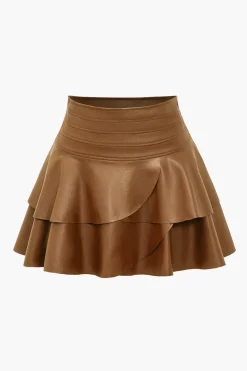 Solid Faux Leather Asymmetrical Layer Skirt