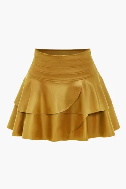 Solid Faux Leather Asymmetrical Layer Skirt