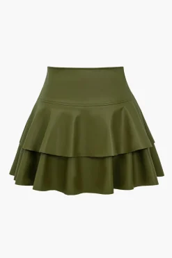 Solid Faux Leather Asymmetrical Layer Skirt